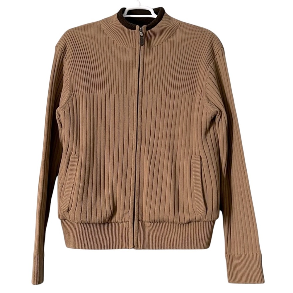Lanesboro Men Chunky knit sharps fleece Textured Zip Sweater brown Long Sleeve L